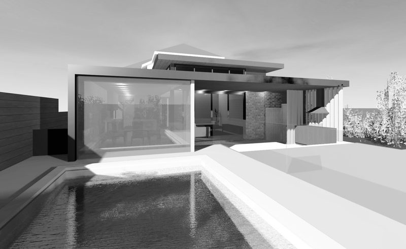 Out the back, the pool adjoins the dining area. This will be shaded with a fixed mesh screen to provide safety to the glass of the dining and also external window shading