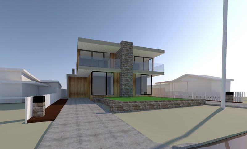 Streetscape render of a dual occupancy as submitted to council, neighbours drawn as plain massing, Huskisson