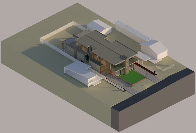 Three-dimensional model of a dual occupancy inside its site boundaries and setbacks, Huskisson