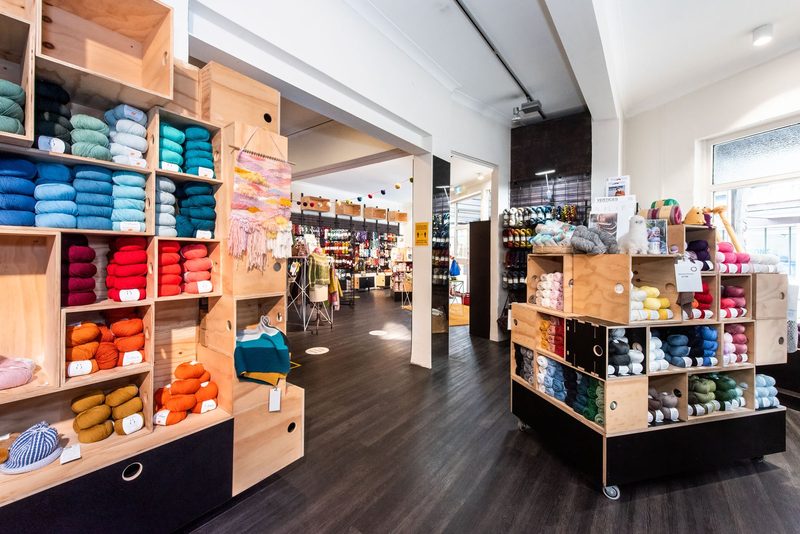 Yarn shop fitout with timber shelving and wide accessible aisles, Skein Sisters, Dulwich Hill